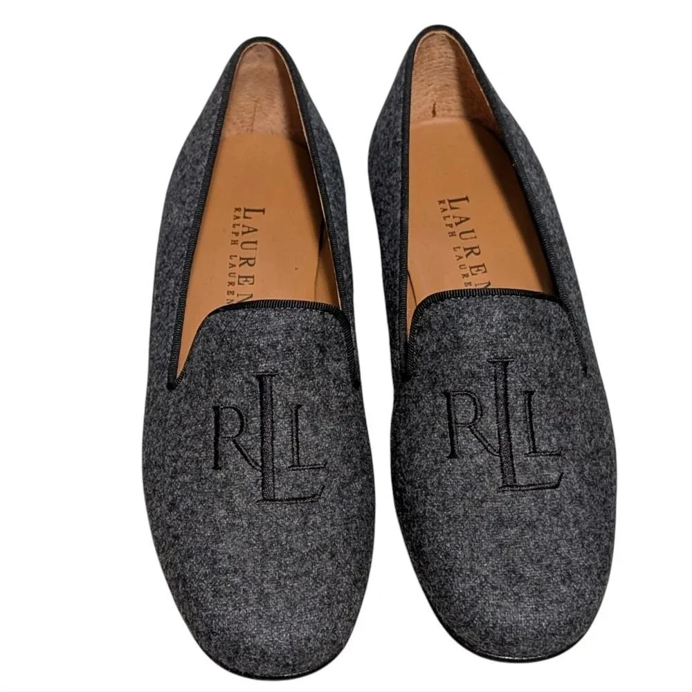 Ralph Lauren Gray Wool loafer size 5.5 B Monogrammed Leather sole Brazil preppy